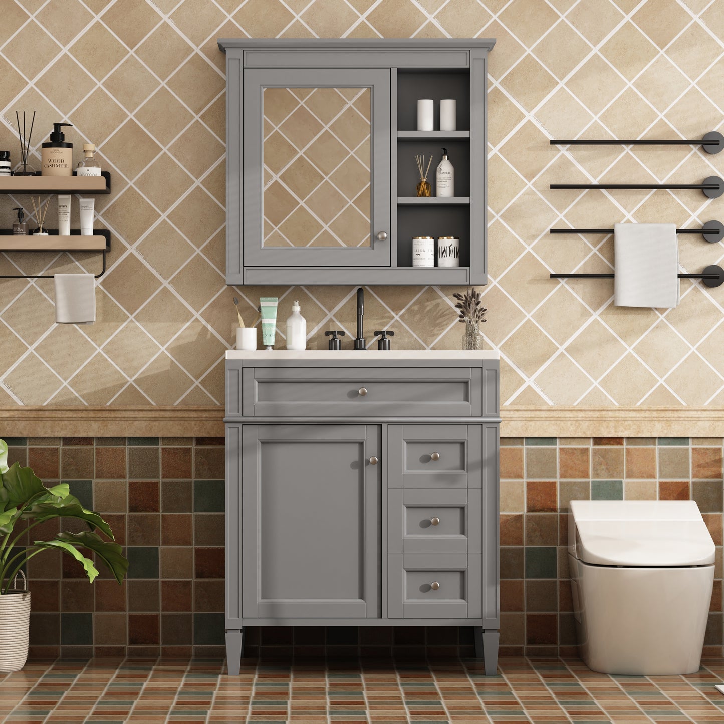 30   Bathroom Vanity With Top Sink, Modern Bathroom Storage Cabinet With 2 Drawers And A Tip-out Drawer, Freestanding Vanity Set With Mirror Cabinet, Single Sink Bathroom Vanity
