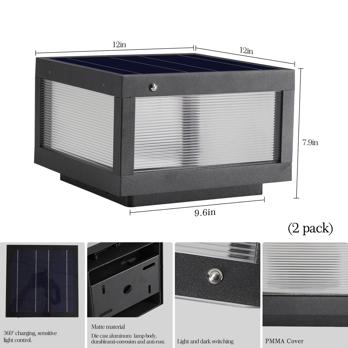 12 Black Solar Powered LED Post Cap Light, Modern Outdoor LED Fence Light For Pathways, Decks, And Patios   1-Pack