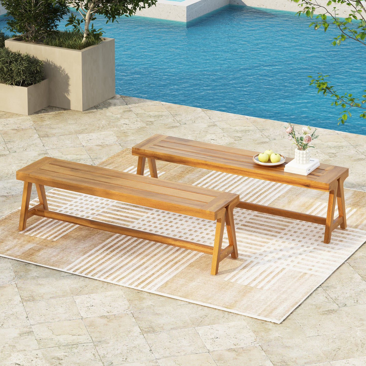 Outdoor Dining Benches  Set Of 2 , Contemporary Acacia Wood Patio Bench With Teak Finish - All-Weather Garden, Deck, Poolside Seating
