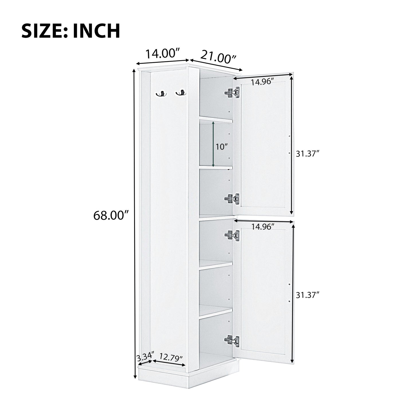 Tall Bathroom Storage Cabinet, Freestanding Storage Cabinet With Hook And Adjustable Shelf, MDF Board, White