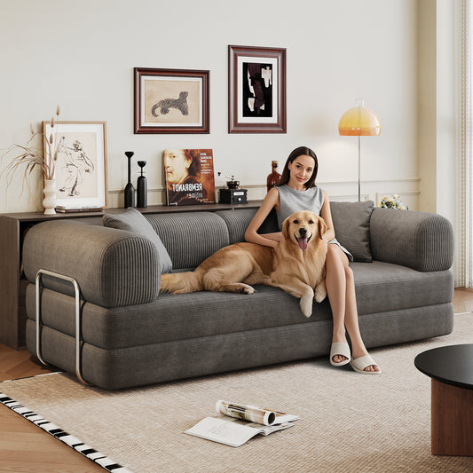 78.8 Compression Sofa,Convertible Floor Sofa Bed-with Pillow Back Support Armrest,Comfy Futon Couch Sleeper Bed,Loveseats Boneless Modular Sectional Sofa,Corduroy Fabric,for Living Room,Bedroom,Grey