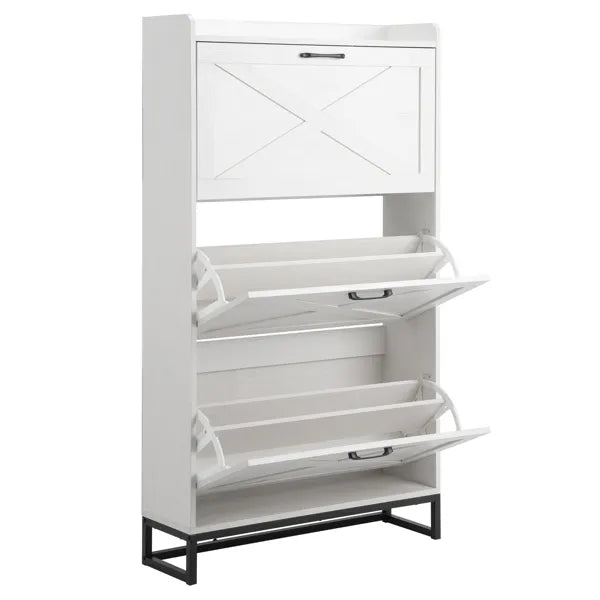 Barn Door Three-drawer Cabinet With Top Panel, Shoe Cabinet, Particleboard, 80x24x145cm, Distressed White