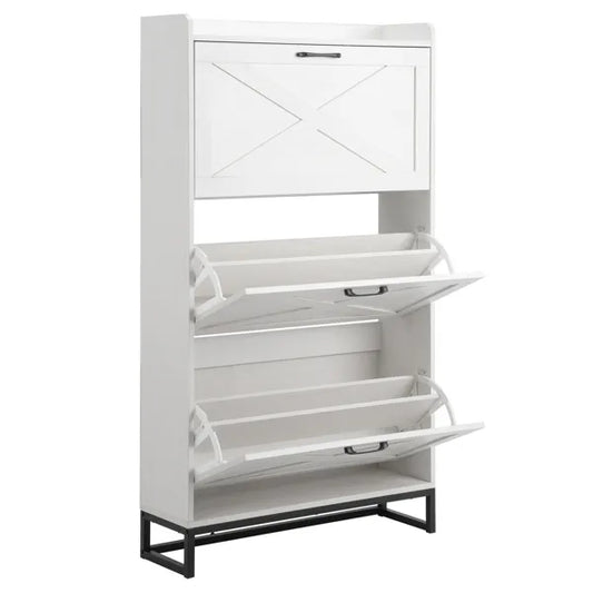 Barn Door Three-drawer Cabinet With Top Panel, Shoe Cabinet, Particleboard, 80x24x145cm, Distressed White