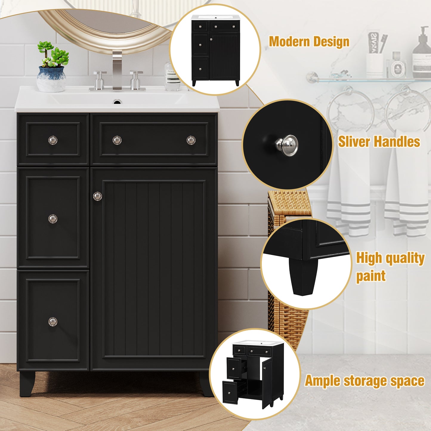 24-Inch Bathroom Vanity Cabinet With Ceramic Sink, 2 Drawers, 1 Door