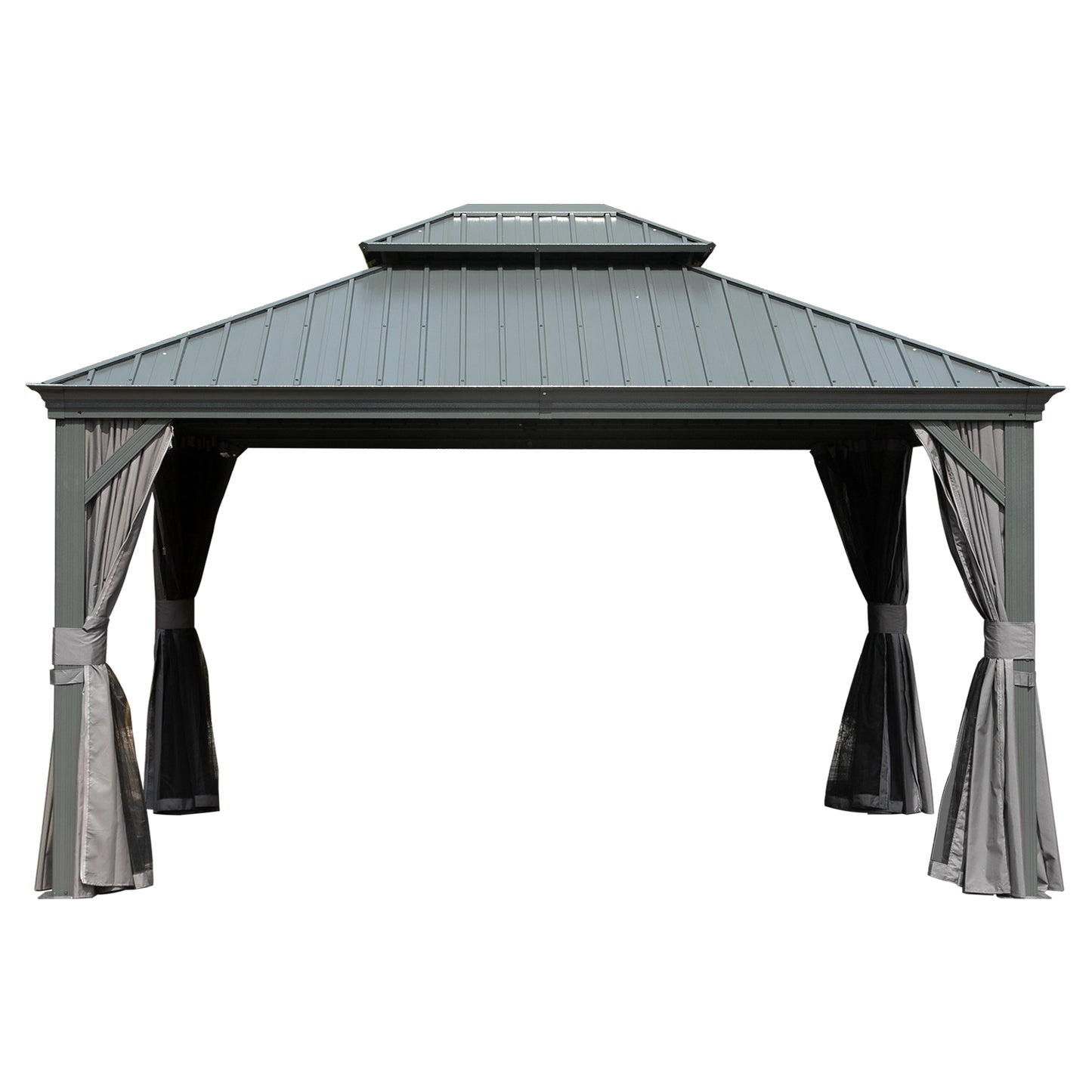 10  X 14  Hardtop Gazebo Permanent Outdoor Gazebo With Galvanized Steel Double Roof, Aluminum Frame, Curtains And Netting For Patio Lawn And Garden, Gray