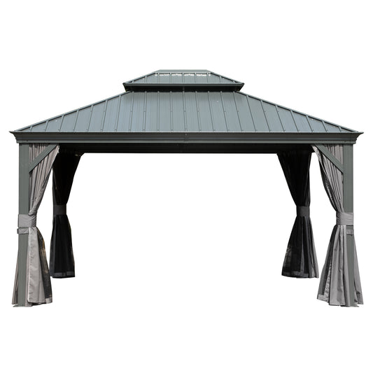 10  X 14  Hardtop Gazebo Permanent Outdoor Gazebo With Galvanized Steel Double Roof, Aluminum Frame, Curtains And Netting For Patio Lawn And Garden, Gray