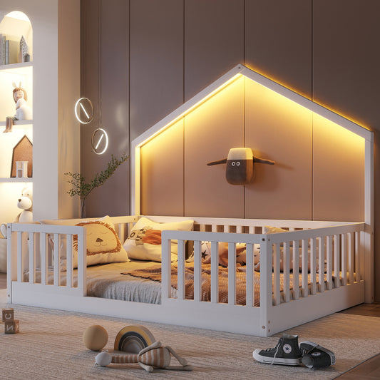 Full Floor Bed With High Rails, Wooden Montessori Bed With Light For Kids, Boys And Girls, WhiteExpect Arrival Date 2026 3 16