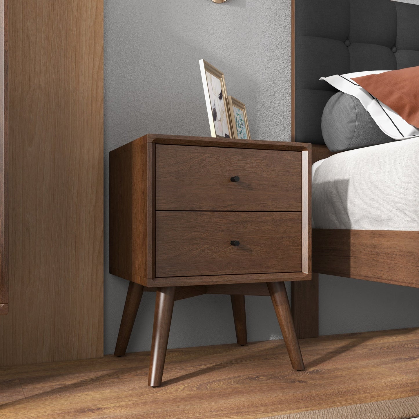 Mid-Century Modern Caroline Night Stand 2-Drawer Dark Brown Solid Wood 23.6  H X 17.7  W X 15.7  D For Bedroom, Closet, Dorm