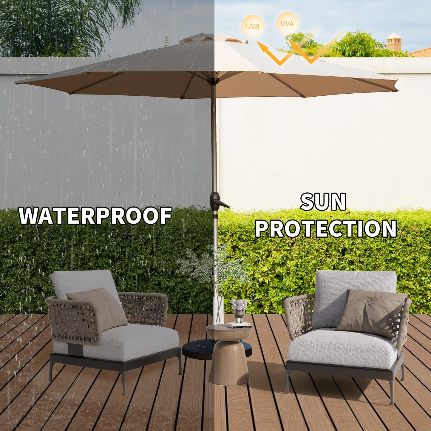 10FT Patio Umbrella, Outdoor Table Umbrella With Push Button Tilt And Crank, UV Protection Waterproof Market Sun Umbrella With 8 Sturdy Ribs For Garden, Deck, Backyard  Beige  -Base Not Included