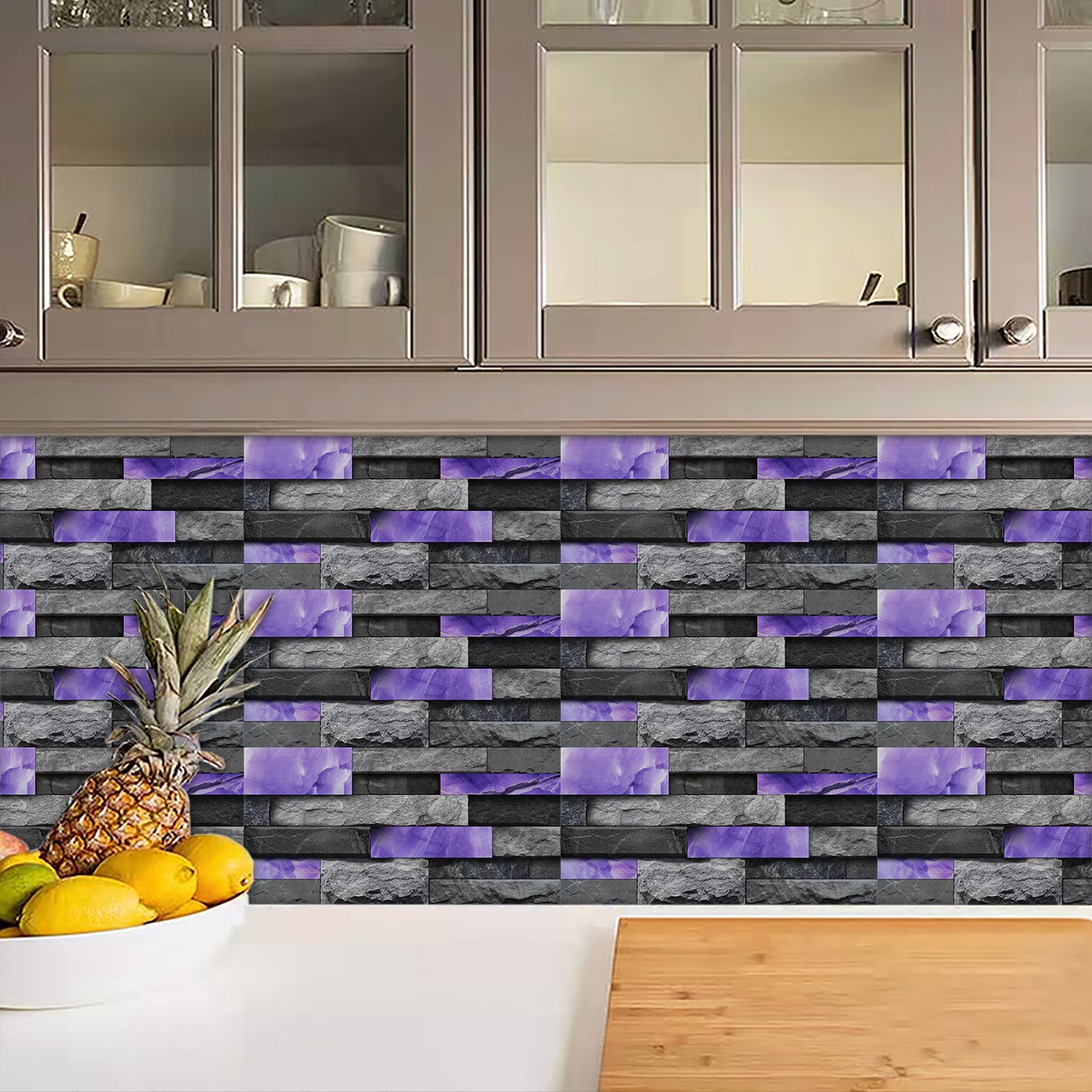 Peel And Stick Splash Proof Marble Wall Tiles, Waterproof And Oil Resistant, Purple Glossy Imitation Stone Wall Sticker