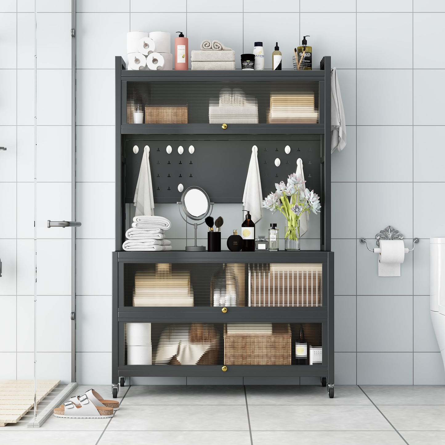 65 Tall Kitchen Bakers Rack With Flip Door Cabinet, 5 Tier Multifunctional Microwave Stand Buffet, Coffee Bar, Quick Assembly, Gray