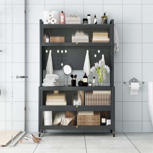 65 Tall Kitchen Bakers Rack With Flip Door Cabinet, 5 Tier Multifunctional Microwave Stand Buffet, Coffee Bar, Quick Assembly, Gray