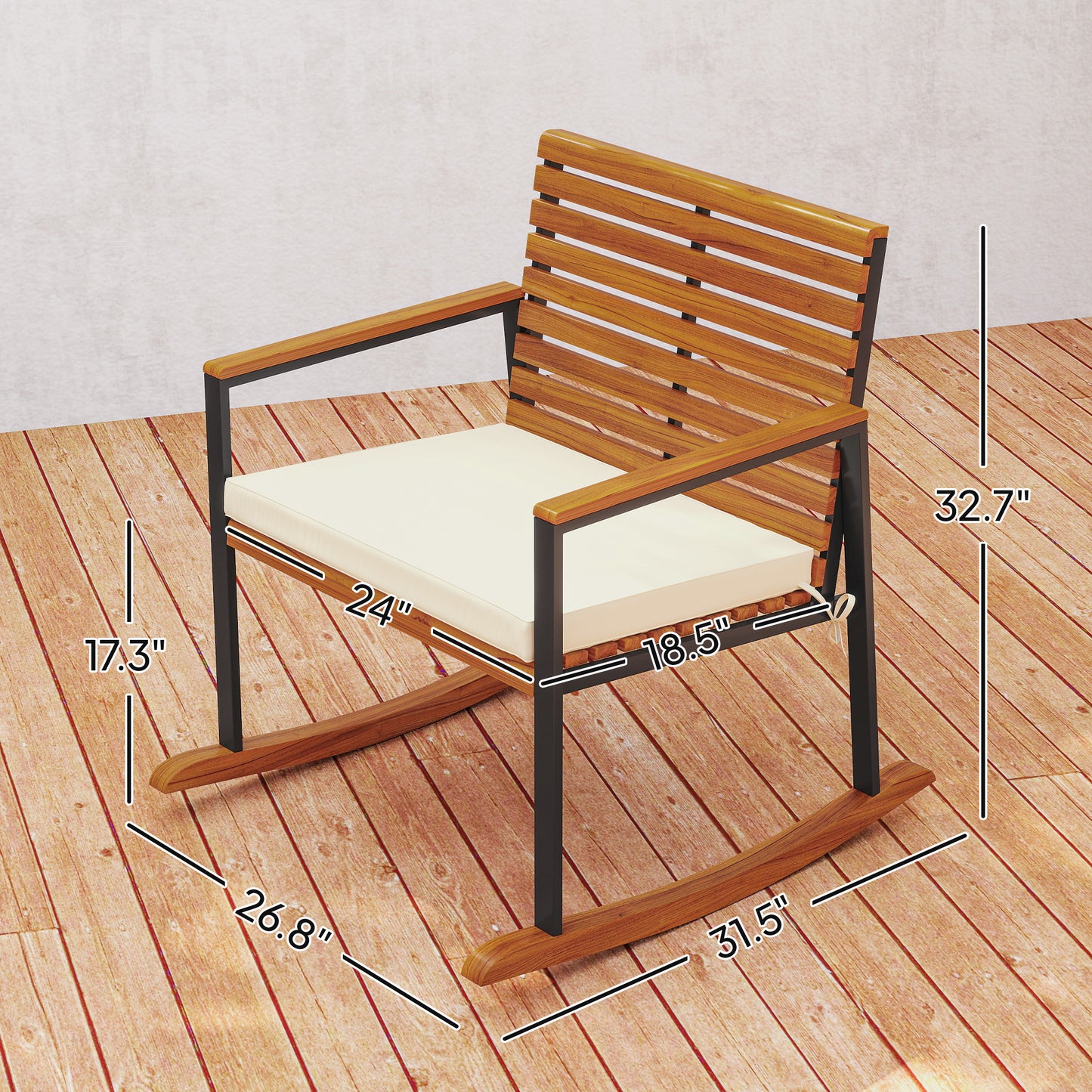 Acacia Wood Outdoor Lawn Rocking Chair Set Of 2, Outdoor Patio Rocking Chairs With Armrests, Cushion, Cream White