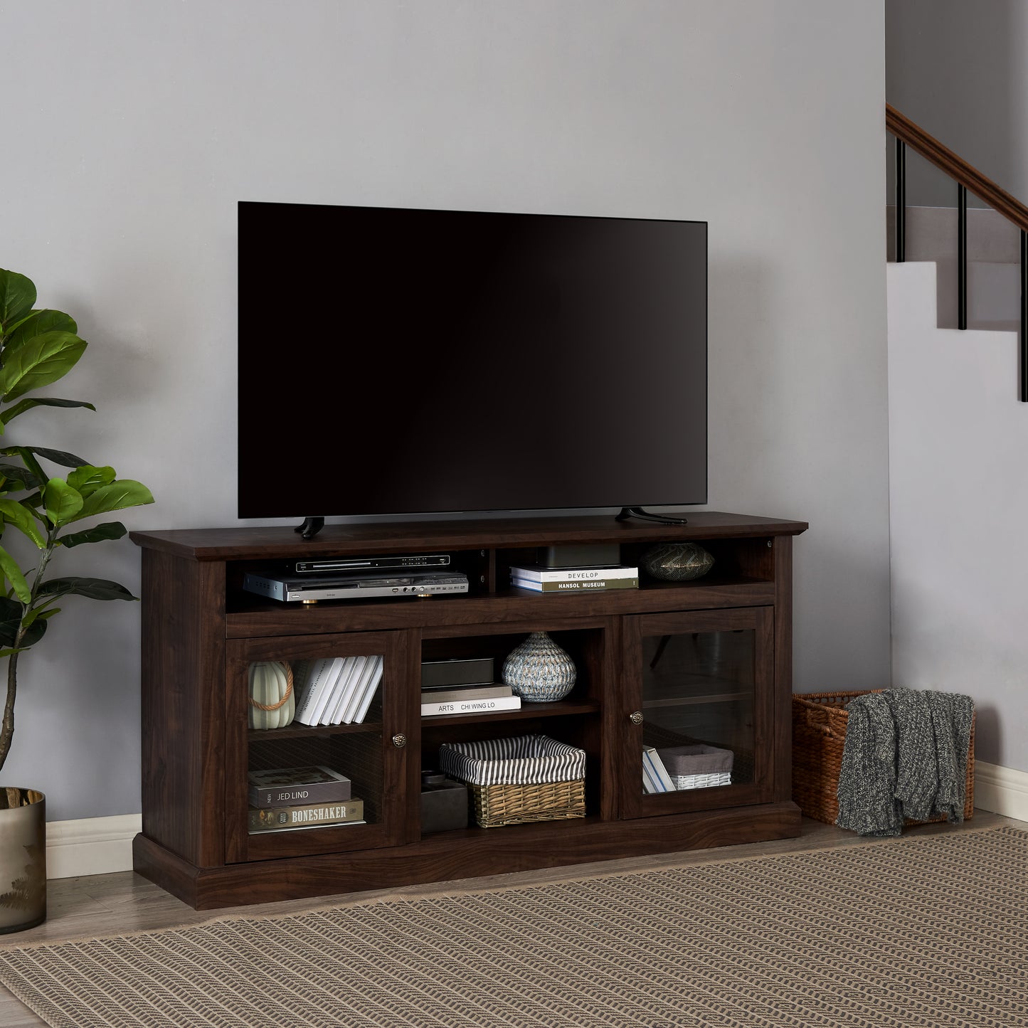 Modern TV Stand For Up To 65 Inch TVs, Entertainment Center Farmhouse TV Cabinet Media Console Table With Glass Doors For Living Room, Brown 60 W X15.75 Dx29 H