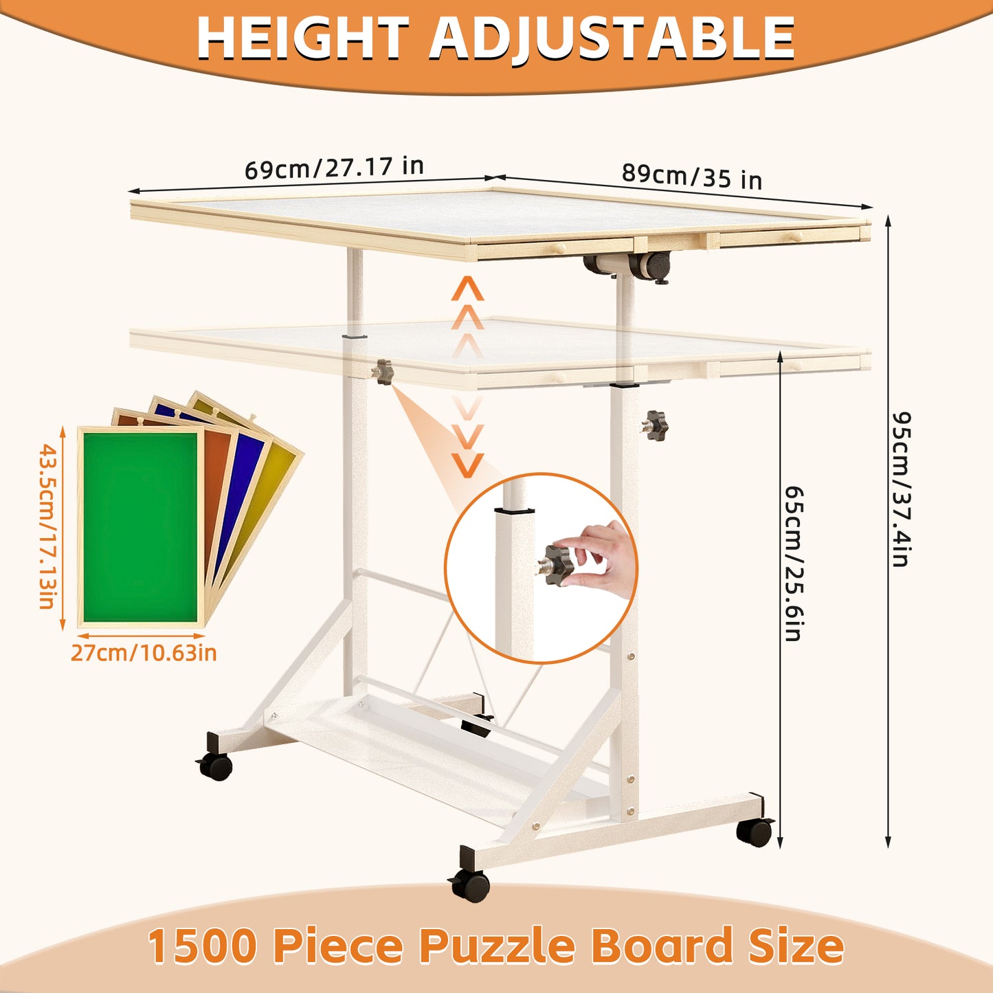 WHITE Wooden 1500 Piece Puzzle Table With Drawer, 35x27.17 Adjustable Puzzle Table, 360 Tilting Puzzle Table With Legs And Wheels, Adjustable Height And Angle, With Protective Cover