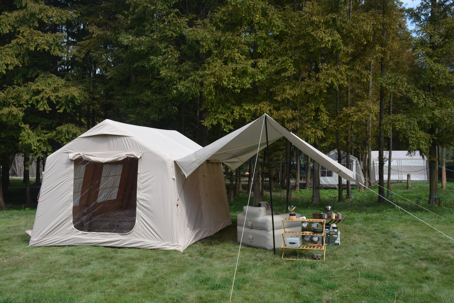 9.8 X13ft With Canopy, Inflatable Camping Tents With Hand Pump, Air Glamping Tents,  Easy Setup Waterproof And Windproof Blow Up Tent  Beige