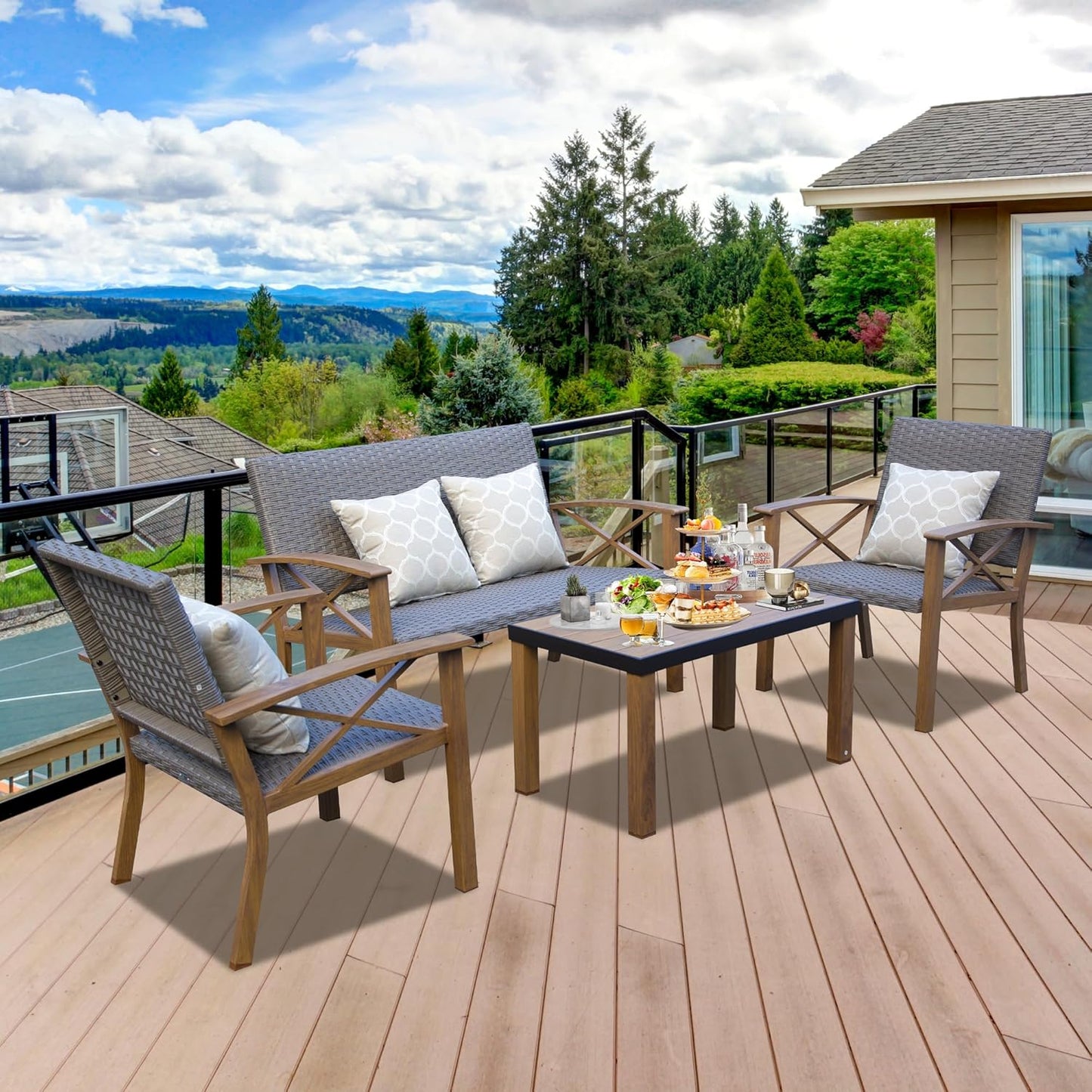 Aluminum Patio Furniture Set, 4-Piece Modern Conversation Set With Cotton Padding Backrests And Seats, Outdoor Sectional Metal Sofa Set With 5.5 Inch Cushion And Coffee Table For Balcony, Garden