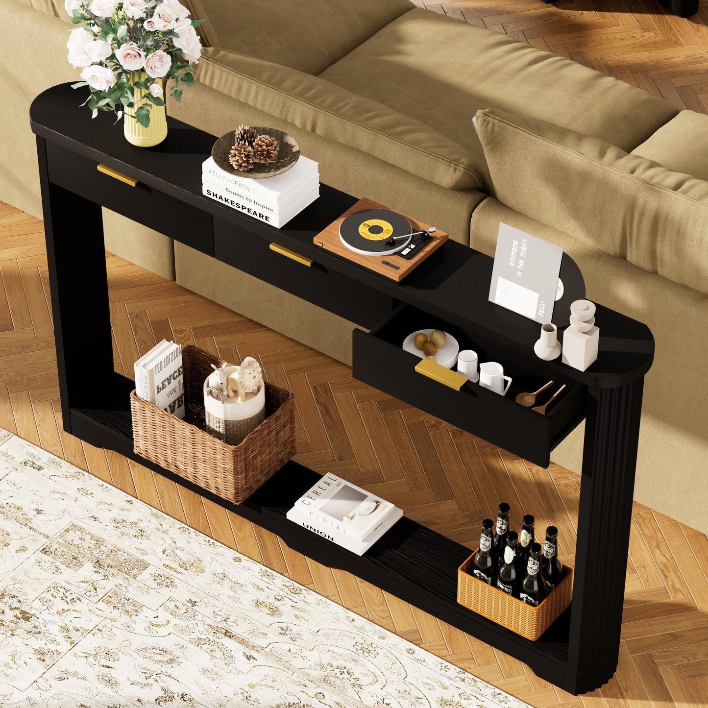70.1  Wavy-Patterned Storage Table With Drawers, A Slim Wooden Side Table That Can Be Placed Behind A Sofa, Ideal For Entryways, Hallways, And Doorways.Black.70.1 Lx8.7 Wx35.5 H