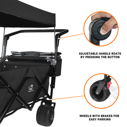 Foldable Wagon With Removable Canopy & Cooler Bag - Heavy Duty Collapsible Wagon Utility Cart With 4inch All-Terrain Wheels For Camping Beach Garden, Black