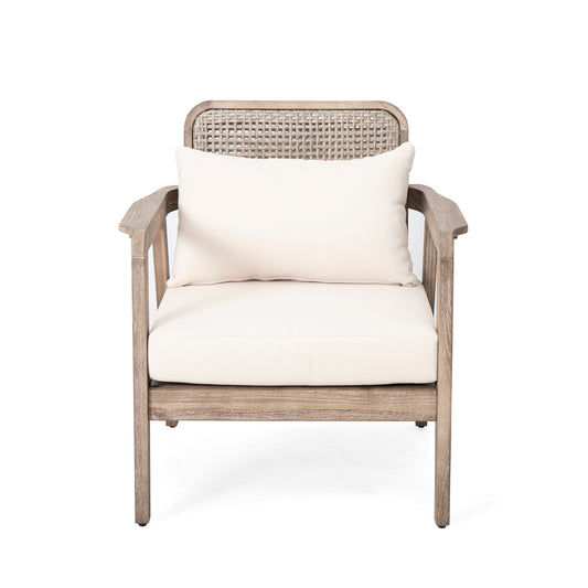 Outdoor Acacia Wood Patio Club Chair, Patio Furniture,Waterproof Thick Cushion Deep Seating For Porch, Garden, Backyard, Balcony, Weight Capacity 400lbs, Light Brown Finish, Cream Cushion