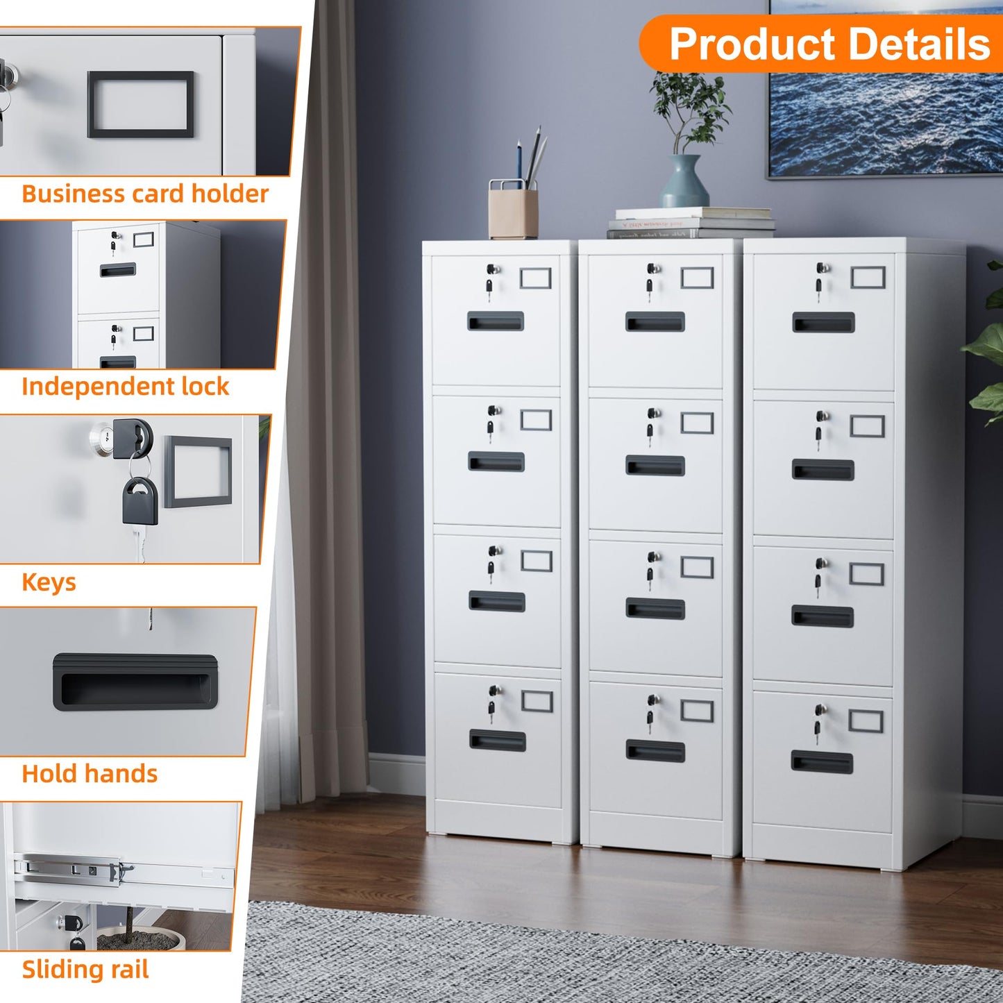 4 Drawer File Cabinet, Metal Vertical Office Filing Cabinet With 4 Drawers, Name Card Holder For A4 Letter,Legal Size, Assembly Required