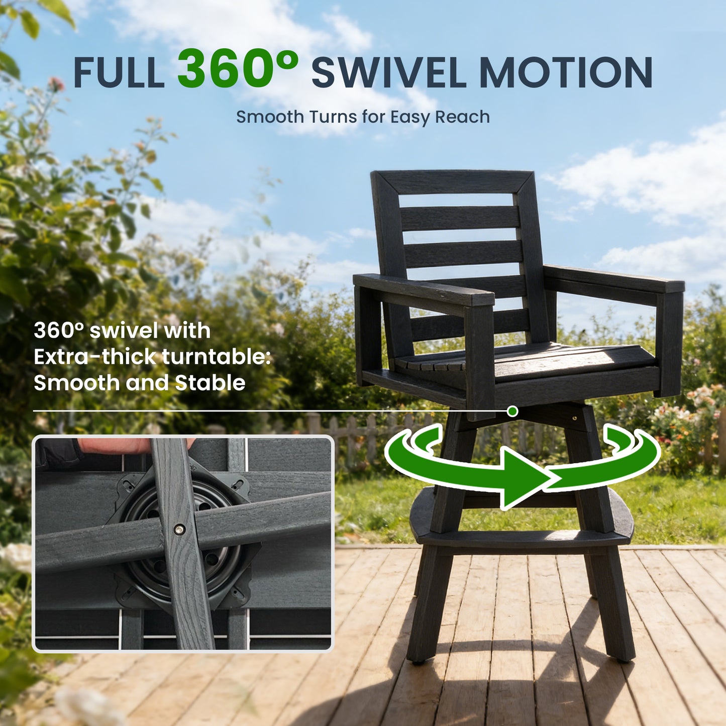 Outdoor Swivel Bar Stools, Carbon HDPE High-Density Polyethylene Patio Bar Chair With 360 Swivel & Ladderback, All-Weather Bar Height Stool For Deck, Porch, Poolside, Hot-Embossed Wood Grain