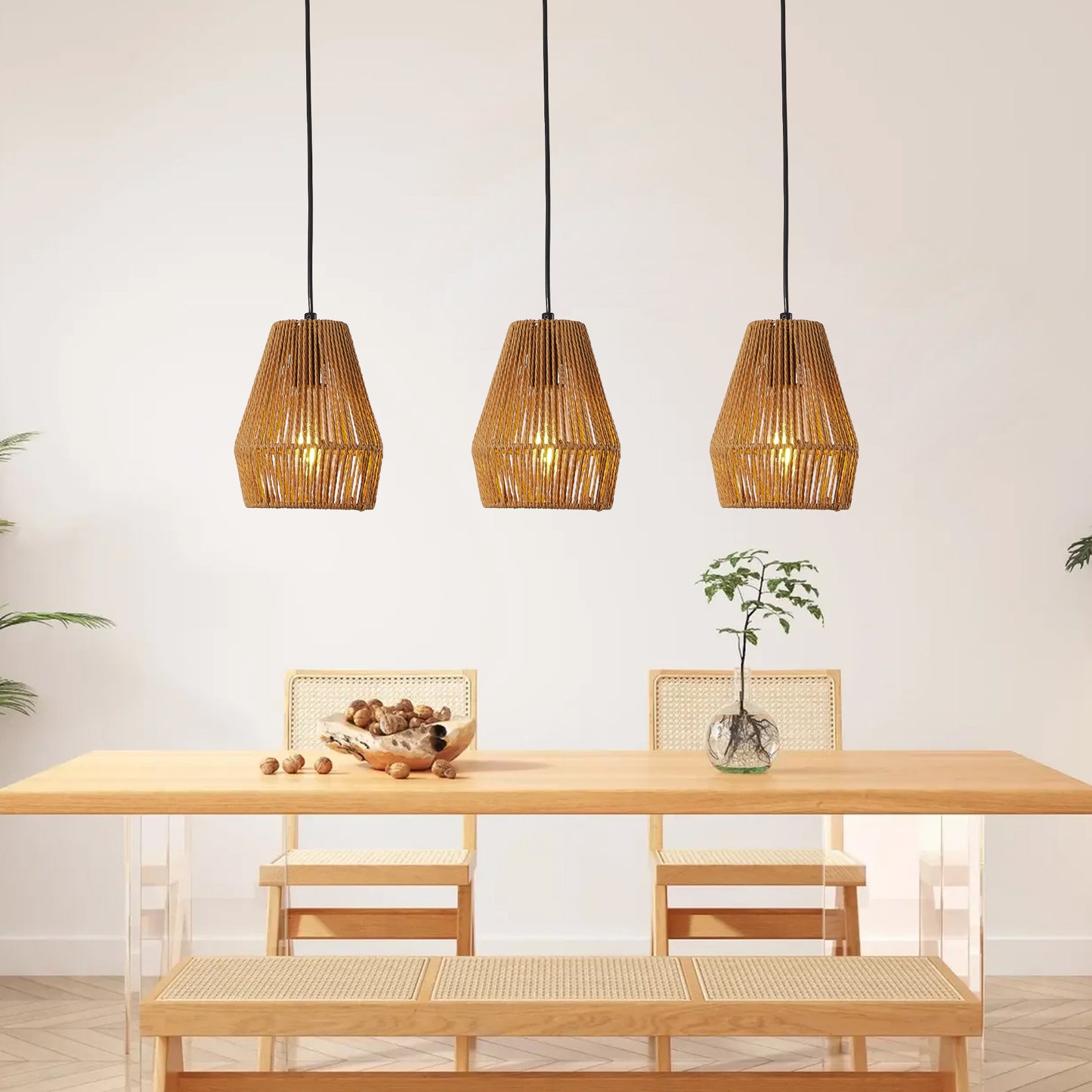 7inch Set Of 3 Rustic Hemp Rope Pendant Light, Handcrafted Farmhouse Hanging Light Fixture, Adjustable Height Ceiling Lamp For Kitchen Island, Dining Room,Or Living Room, Natural Woven Design No Bulbs