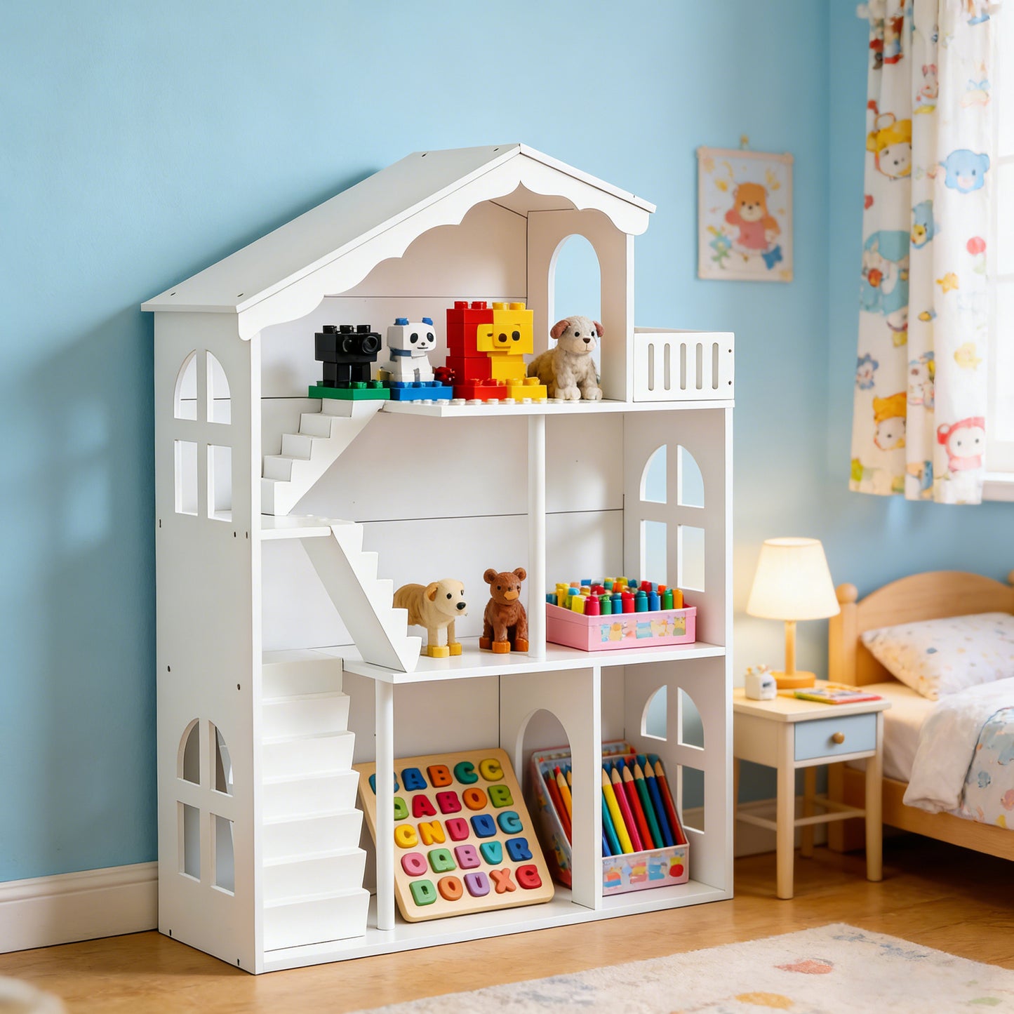 Kids Dollhouse Bookshelf 3 Tier Open Design Wooden Toy House Bookcase For Children Aged 3 And Above
