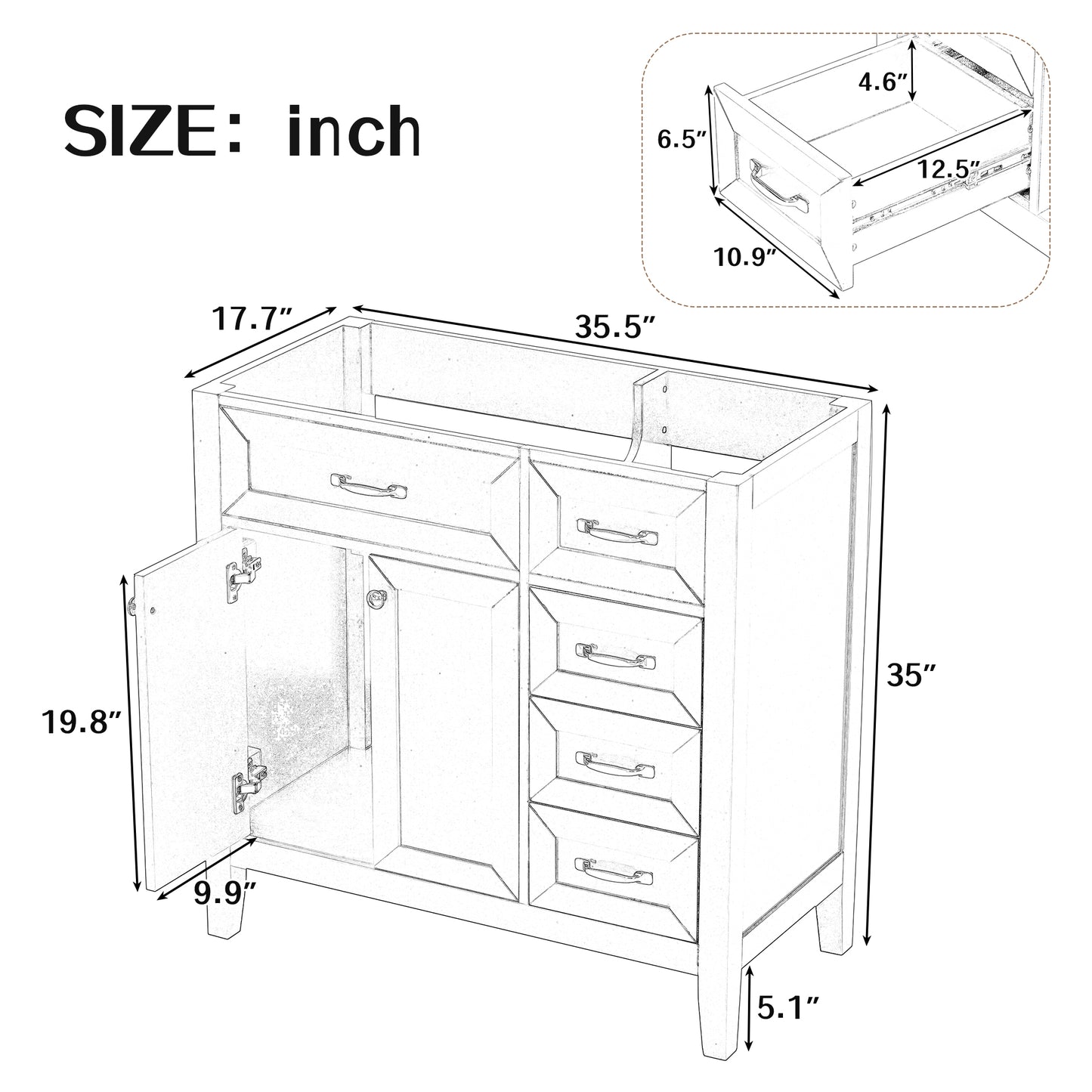 36 Bathroom Vanity Without Sink, Cabinet Base Only, Bathroom Cabinet With Drawers, Solid Frame And MDF Board, Black