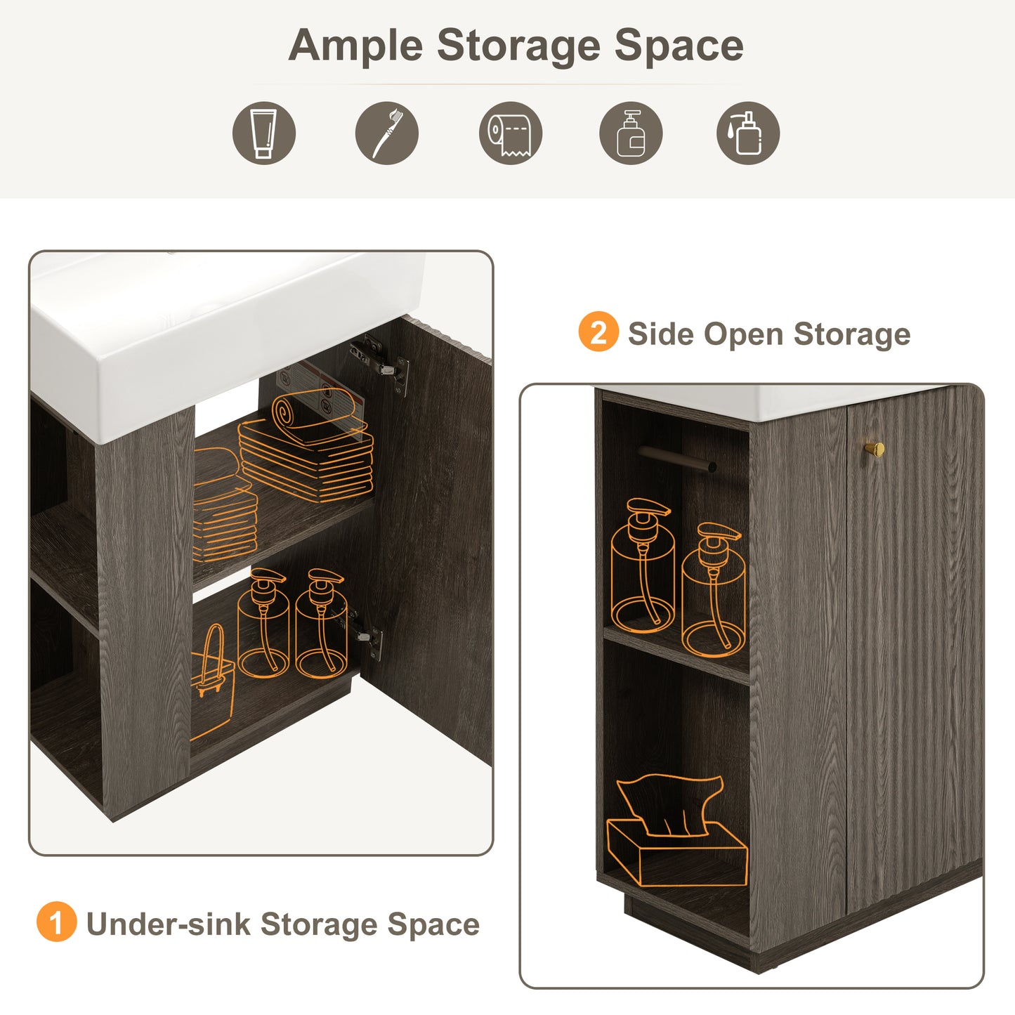 21.6 Bathroom Vanity With Ceramic Sink, Freestanding Modern Right Door Wood Grain Cabinet With Open And Closed Storage For Small Bathrooms
