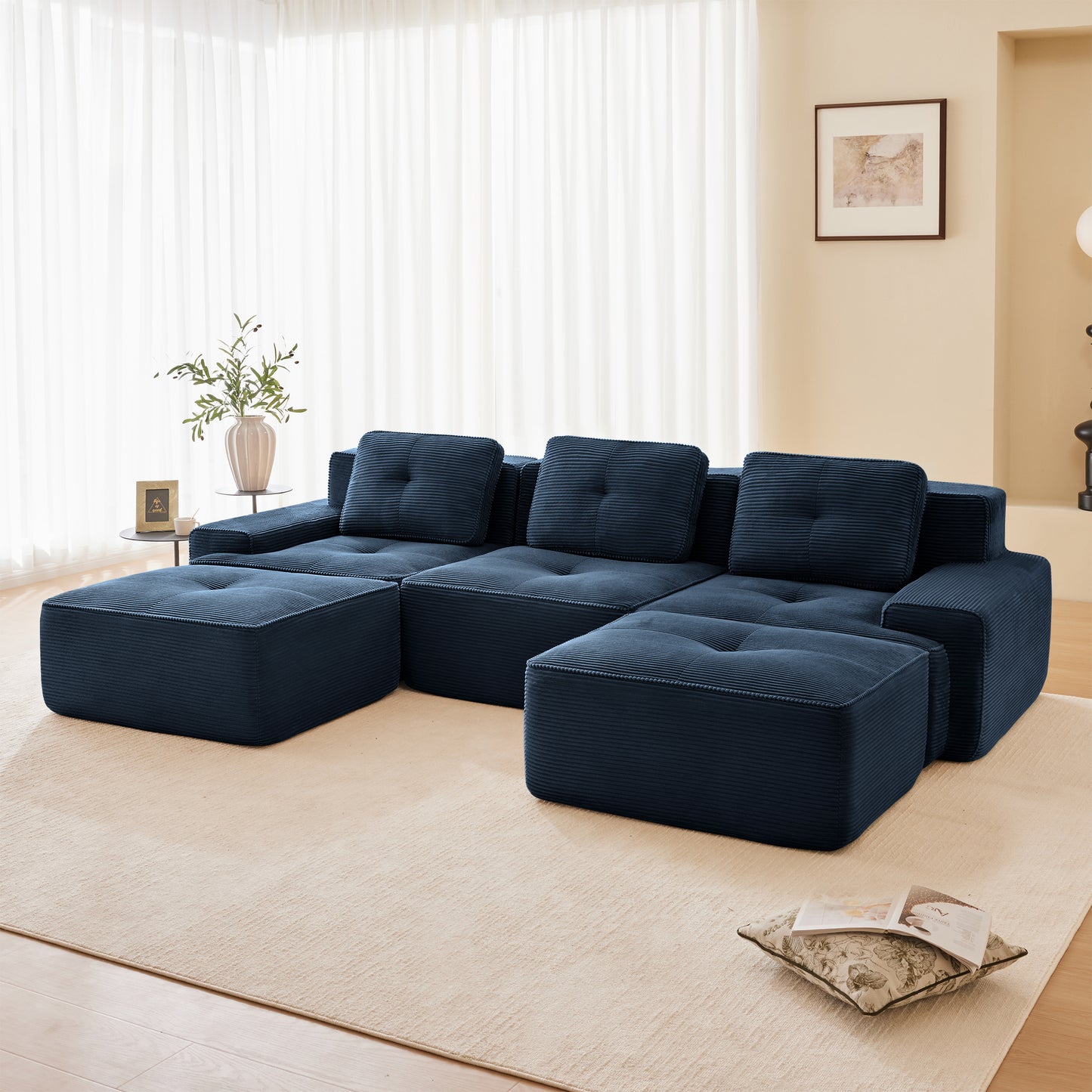117 Modern U-Shaped Modular Sectional Sofa For Living Room, Corduroy Fabric, 3-Seater Couch With Deep Seat And Movable Ottoman,Pearl-like Piping, Tufted Design,No Assembly, Anti-slip Design,Blue