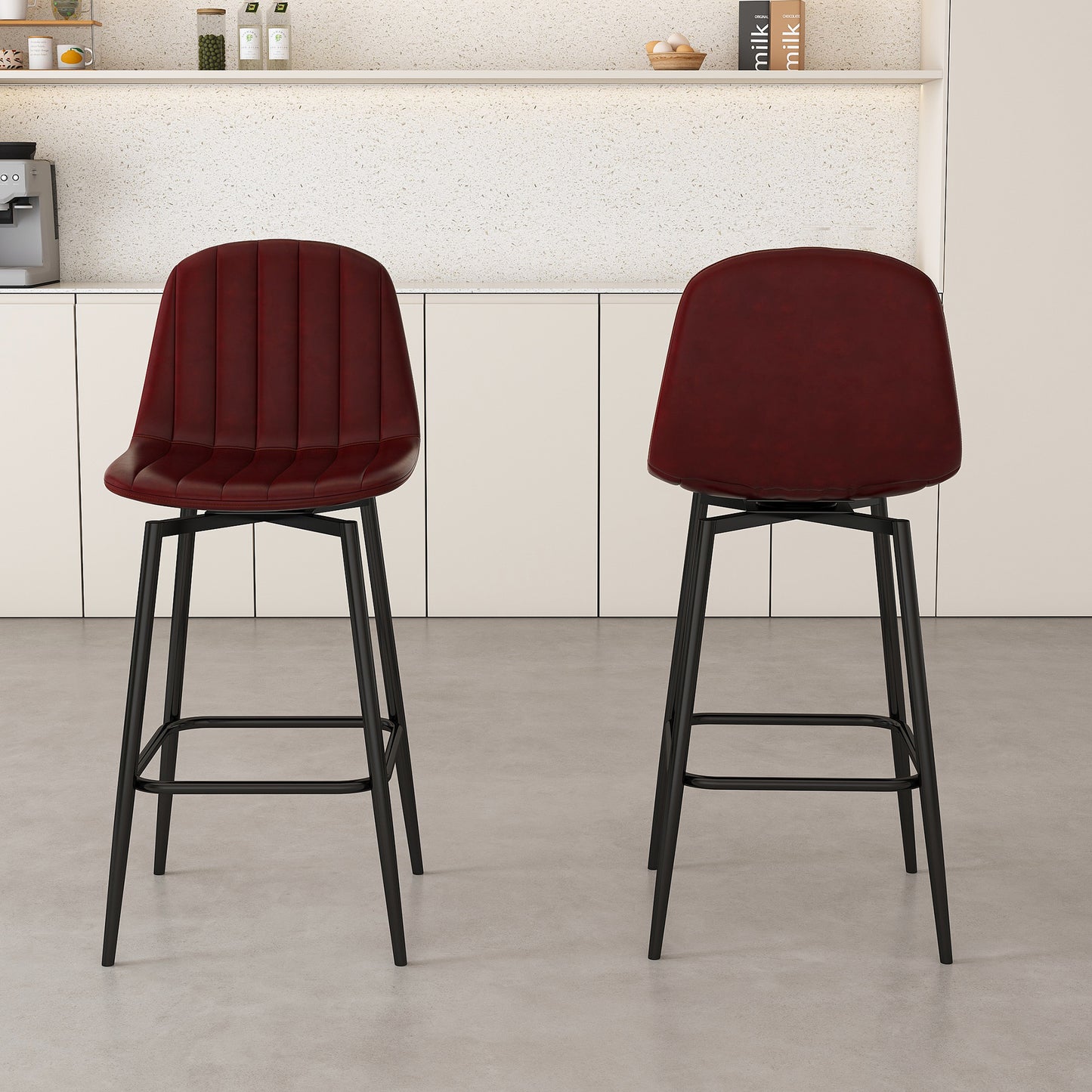 Modern Bar Stools With Swivel Mechanism, PU Padded Seats With Back Support & Metal Legs  Ideal For Kitchen Islands, Home Bars, Commercial Bars, Dark Brown Set Of 2