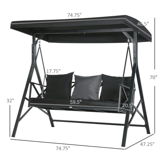 3-Seat Patio Swing Chair, Porch Swing Glider With Cushion, 3 Throw Pillows & Adjustable Canopy For Porch, Garden, Poolside, Backyard, Black