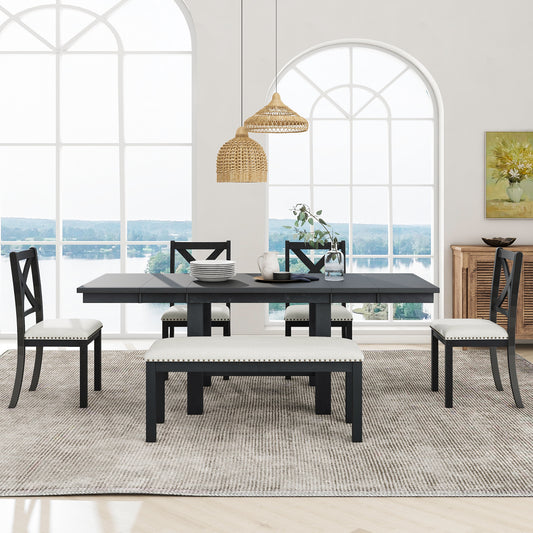 TOPMAx Farmhouse 82inch 6- Piece Extendable Dining Table With Footrest  4 Upholstered Dining Chairs And Dining Bench  Two 11 Removable Leaf  Black Beige Cushion