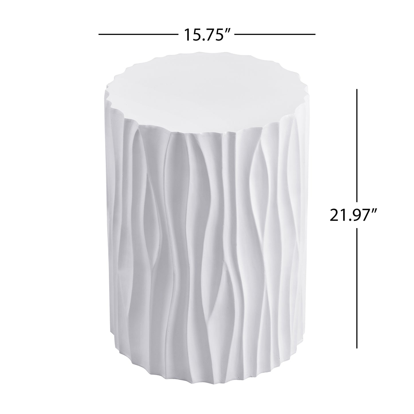 Modern White Outdoor Side Table With Wavy Fluted Design - 15.75  Round, 21.97  H, MGO Material, 66 Lbs Capacity, Assembly-Free For Patio, Garden, Or Balcony