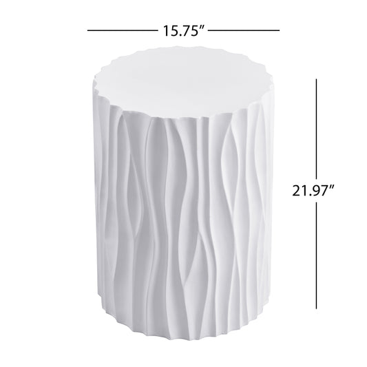 Modern White Outdoor Side Table With Wavy Fluted Design - 15.75  Round, 21.97  H, MGO Material, 66 Lbs Capacity, Assembly-Free For Patio, Garden, Or Balcony