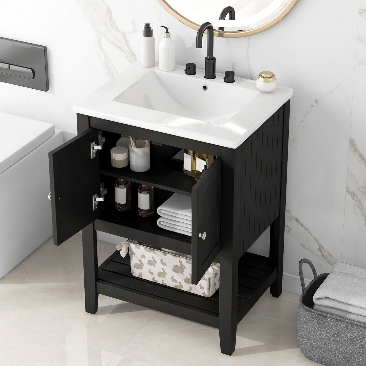 24  Black Modern Sleek Bathroom Vanity Elegant Ceramic Sink With Solid Wood Frame Open Style Shelf