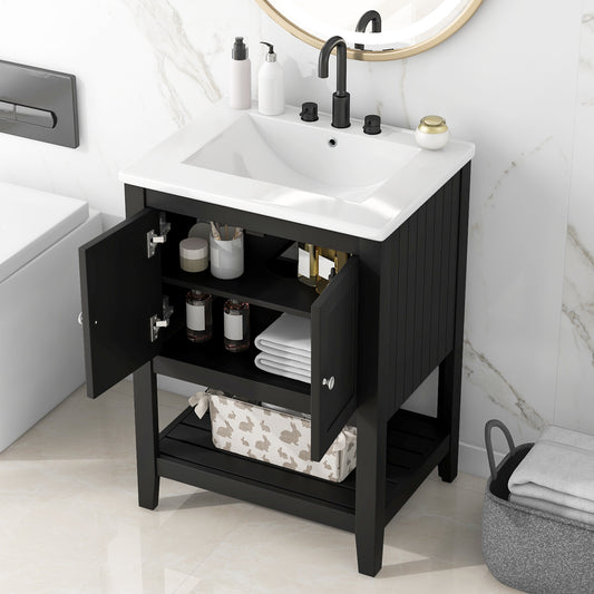 24  Black Modern Sleek Bathroom Vanity Elegant Ceramic Sink With Solid Wood Frame Open Style Shelf
