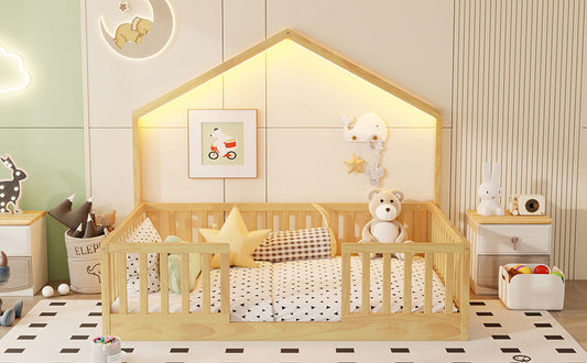 Full Floor Bed With High Rails, Wooden Montessori Bed With Light For Kids, Boys And Girls,NaturalExpect Arrival Date 2026 3 16