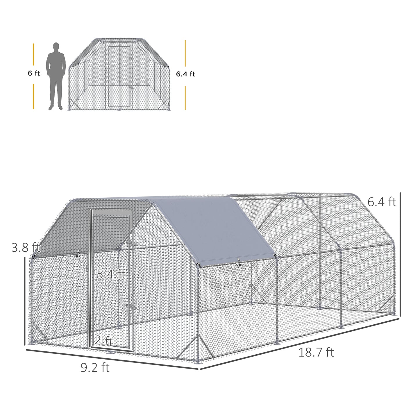 PawHut Large Chicken Coop Metal Chicken Run With Waterproof And Anti-UV Cover, Flat Shaped Walk In Fence Cage Hen House For Outdoor And Yard Farm Use, 1 Tube Diameter, 9.2 X 18.7 X 6.4