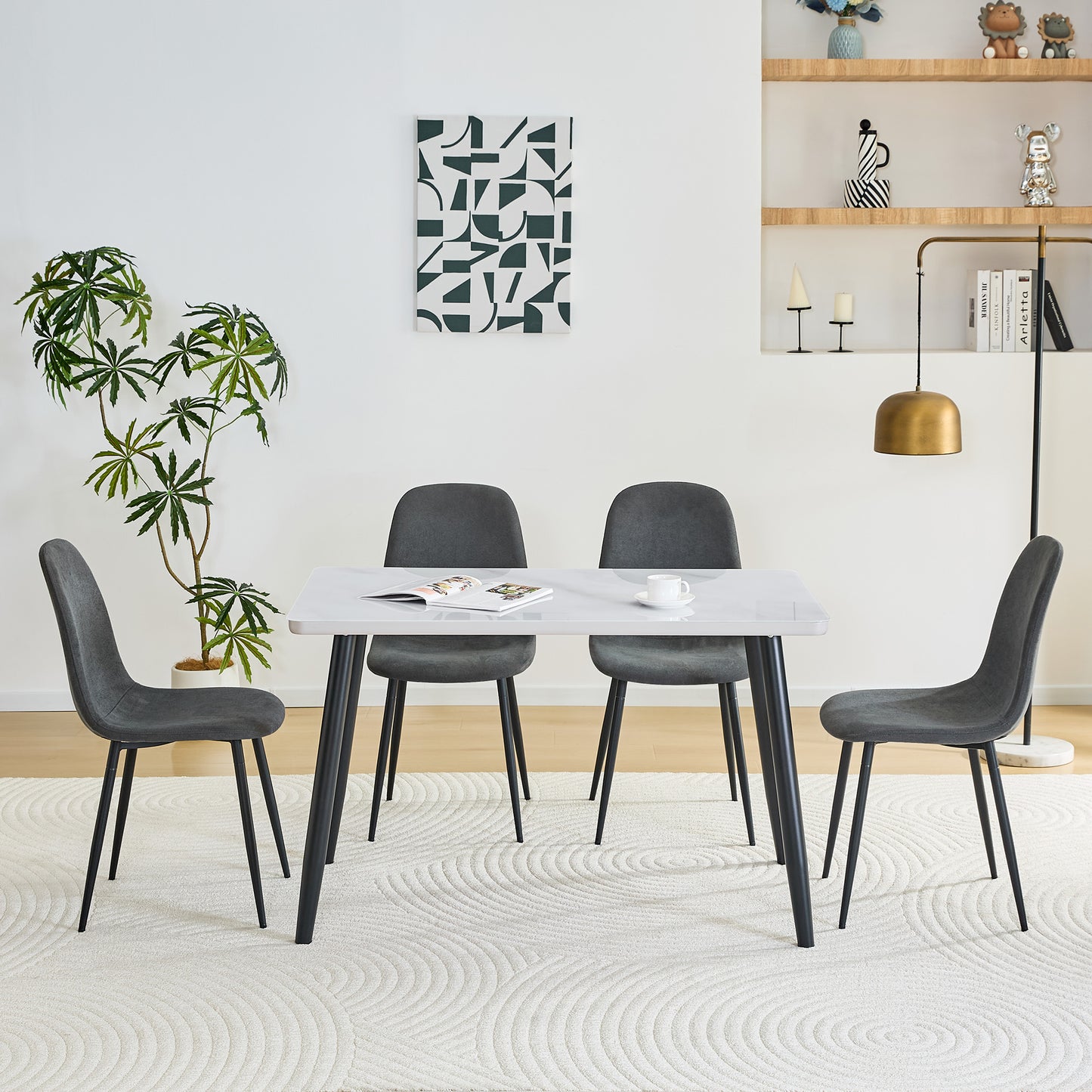 Table And Chair Set.Modern Rectangular Dining Table,suitable For 4-6 People.White Tempered Glass Countertop Lower MDF Board.Paired With 4 Dark Gray Linen-Cotton Material Dining Chair With Metal Leg.