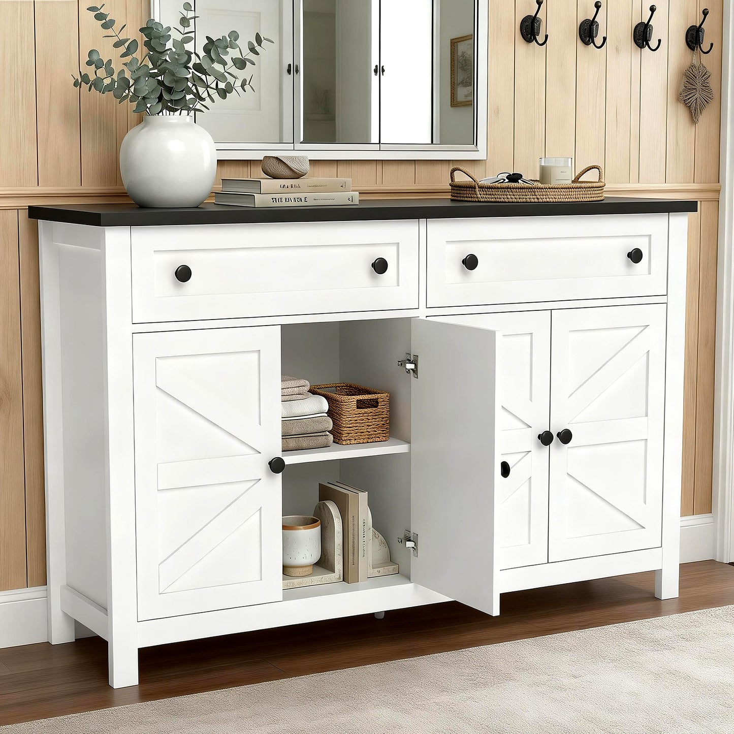 55in Sideboard Buffet Cabinet Kitchen Storage Sideboard With 2 Drawers 4 Doors Modern Farmhouse Coffee Bar Cabinet For Dining Room Living Room