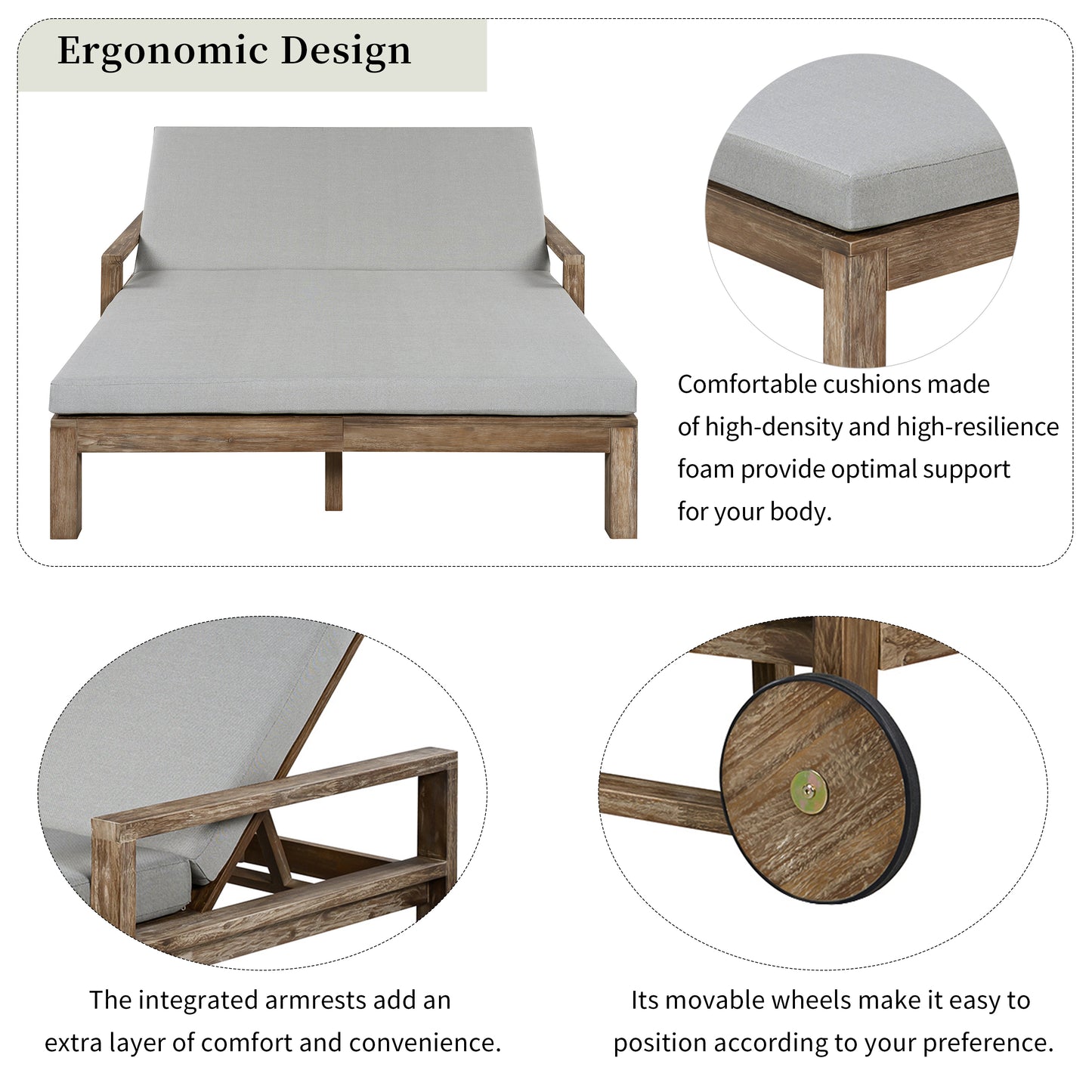 TREXM 1-Piece Farmhouse-styled Wooden Outdoor Sunbed For Ultimate Relaxation Outdoor Daybed Seating 2 People For Poolside  Garden And Backyard  Grey