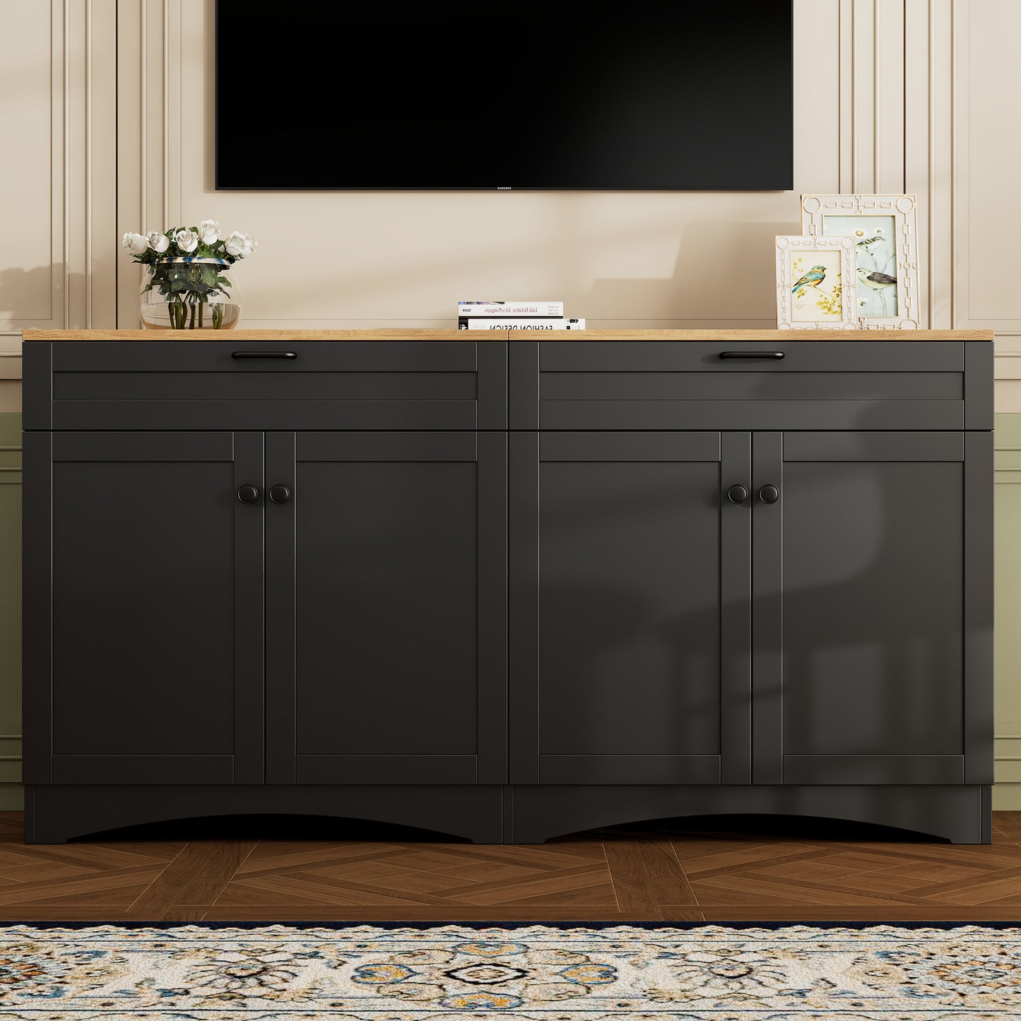 ON TREND Farmhouse TV Stand With 2 Drawers For TVs Up To 70, Versatile Wood Grain Sideboard With Adjustable Shelves, Mid Century Buffet Cabinet With Rustic Handles For Living Room Bedroom, Black