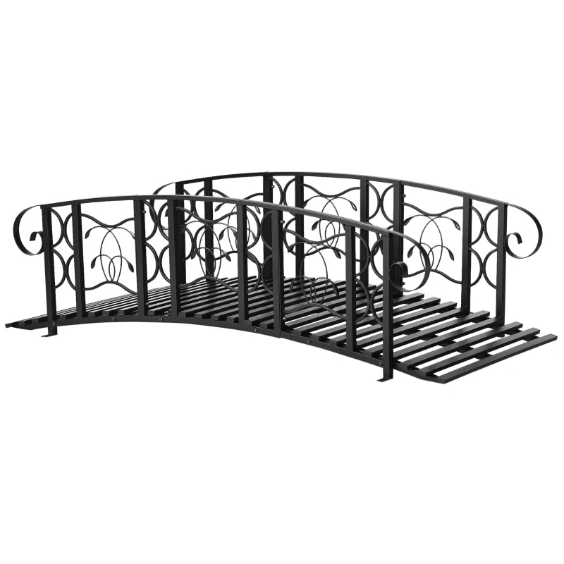 Metal Arch Garden Bridge With 660 Lbs. Weight Capacity, Safety Siderails, Vine Motifs, Easy Assembly For Creek, Stream, Pond, Black
