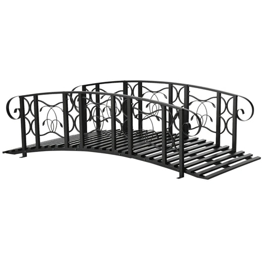 Metal Arch Garden Bridge With 660 Lbs. Weight Capacity, Safety Siderails, Vine Motifs, Easy Assembly For Creek, Stream, Pond, Black