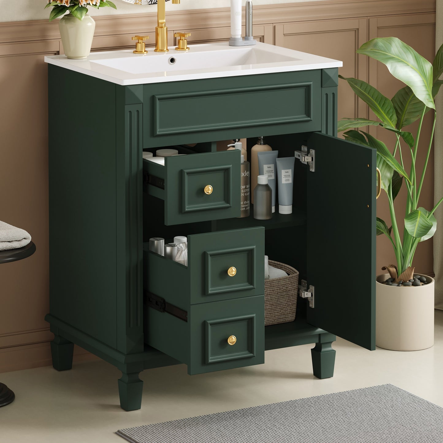 24   Bathroom Vanity With Ceramic Sink, Small Bathroom Sink Cabinet, Modern Cabinet With 2 Drawers And Adjustable Shelf
