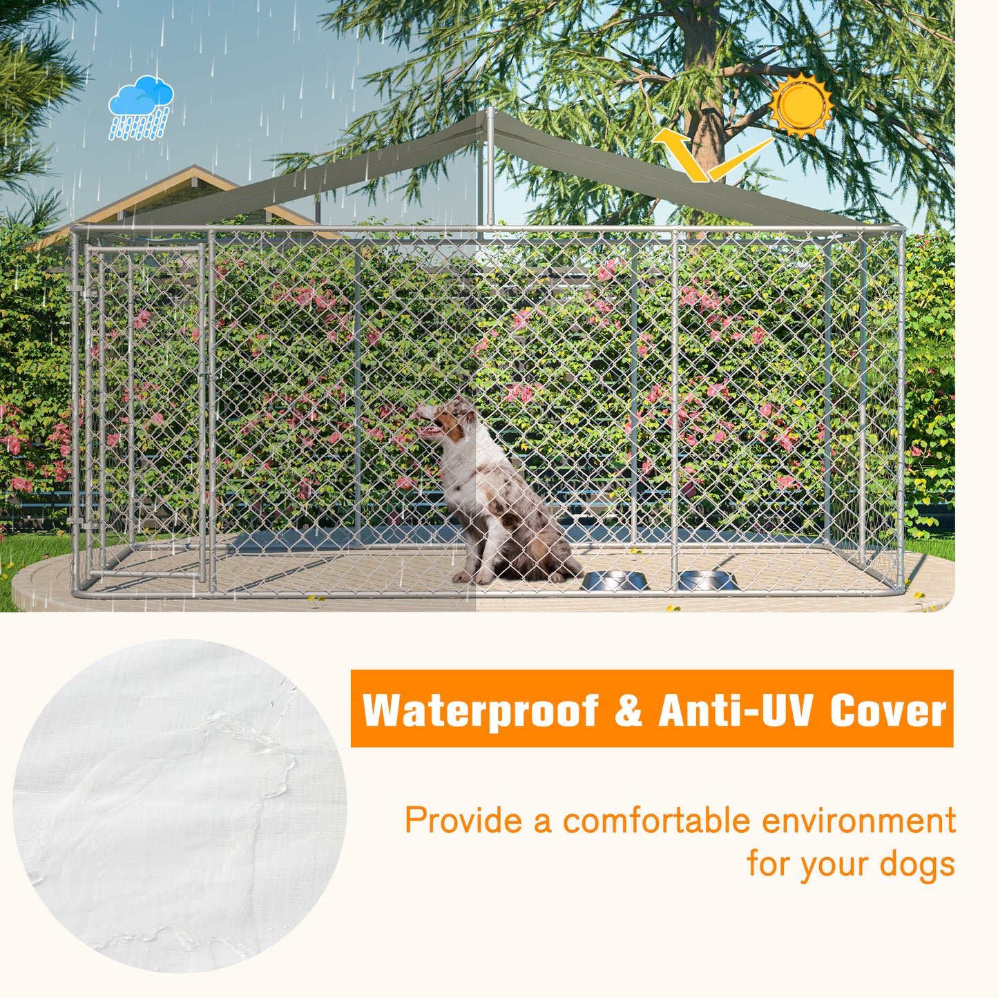 Heavy Duty Outdoor Dog Kennel 13.1x7.5x7.6 Ft, Galvanized Chain Link Playpen With Waterproof Anti-UV Cover, Secure Lock, Large Exercise Pen For Puppy & Small Pets