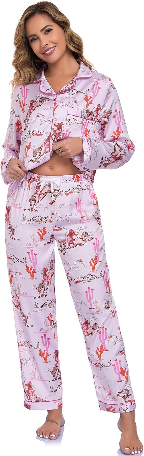RONGTAI Womens Pajama Sets Button Down Long Sleeve Lapel Shirt With Pocket Matching Pj Pants Two Piece Loungewear Set