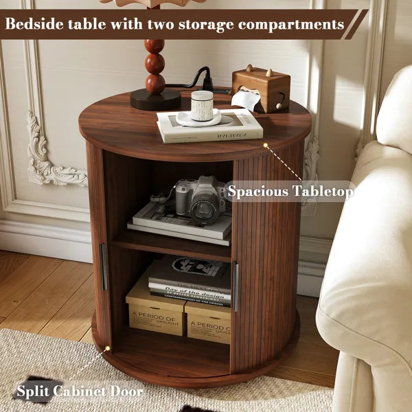 Mid Century Modern Cylinder End Table With Built-in Charging Station & Sliding Door, 2-Tier Storage Round Nightstand With USB Ports, Walnut Bedside Table For Living Room, Bedroom, Entryway